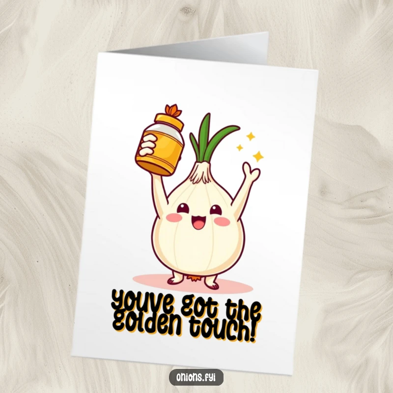 Funny free printable congratulations card showing a triumphant onion character holding a golden spice jar aloft, celebrating success.