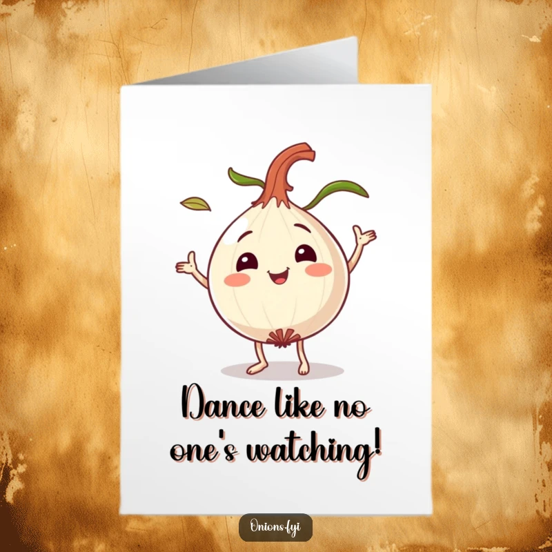 Funny Free Printable Congratulations Card: a smiling onion character dancing with leaves flying, celebrating an achievement.
