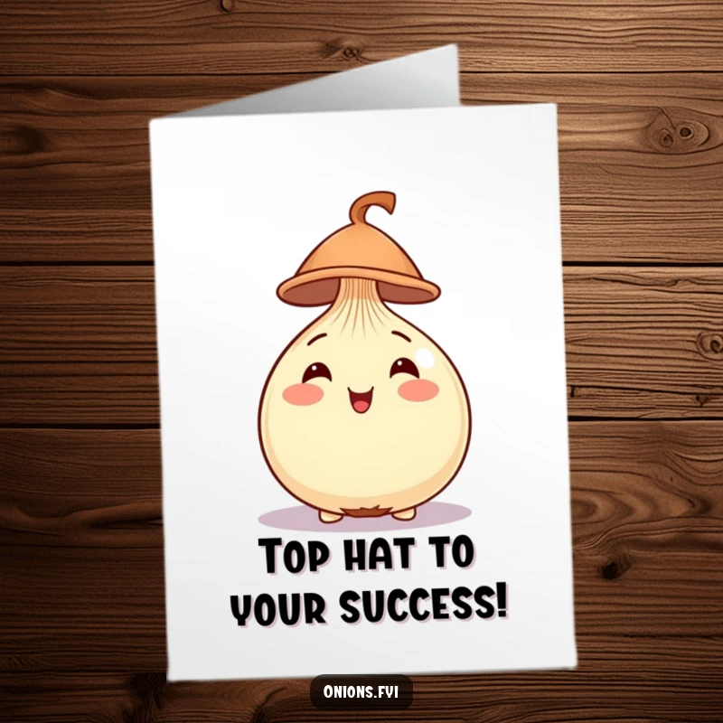 Funny Free Printable Congrats Card: A cheerful onion looking sharp, balancing a small hat on its head.