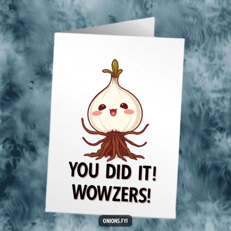 Free Printable Congratulations Card with a funny kawaii onion planning a silly caper with its roots for your celebration.