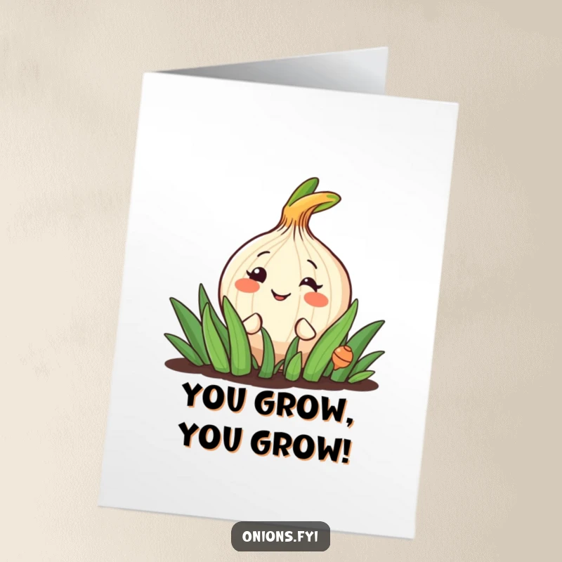 Funny Free Printable Congratulations Card: A cheerful onion peeking from a garden patch with a grin; a playful, downloadable congratulatory message.