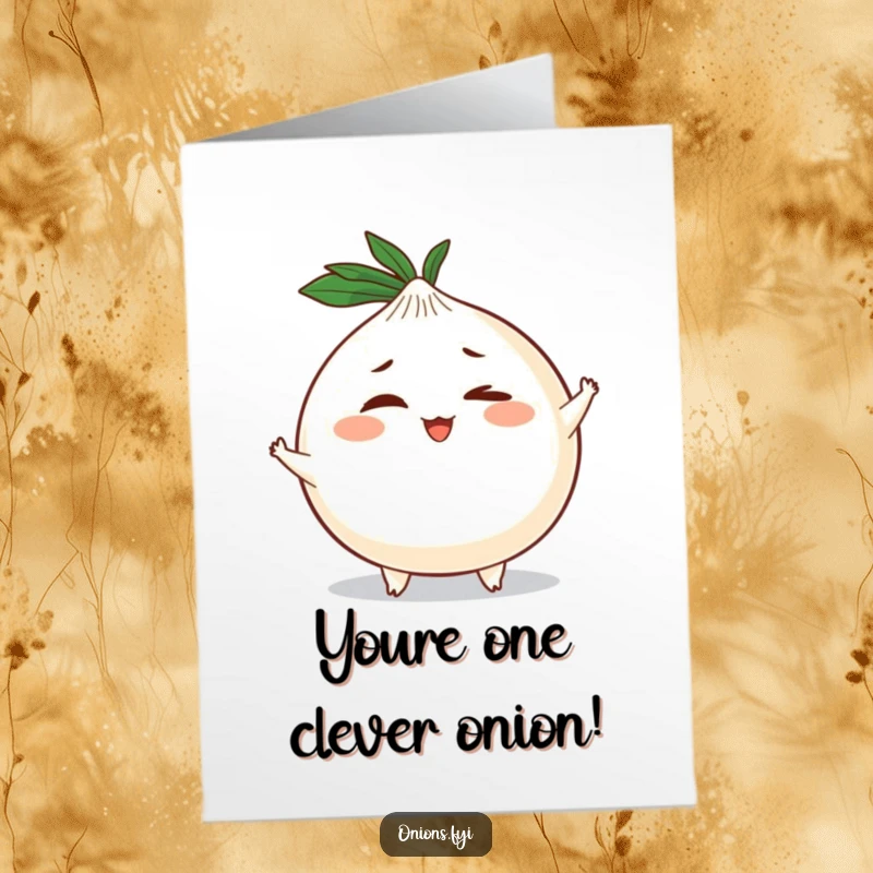Funny Free Printable Congrats Card showing a plump, round onion character winking slyly with little limbs.
