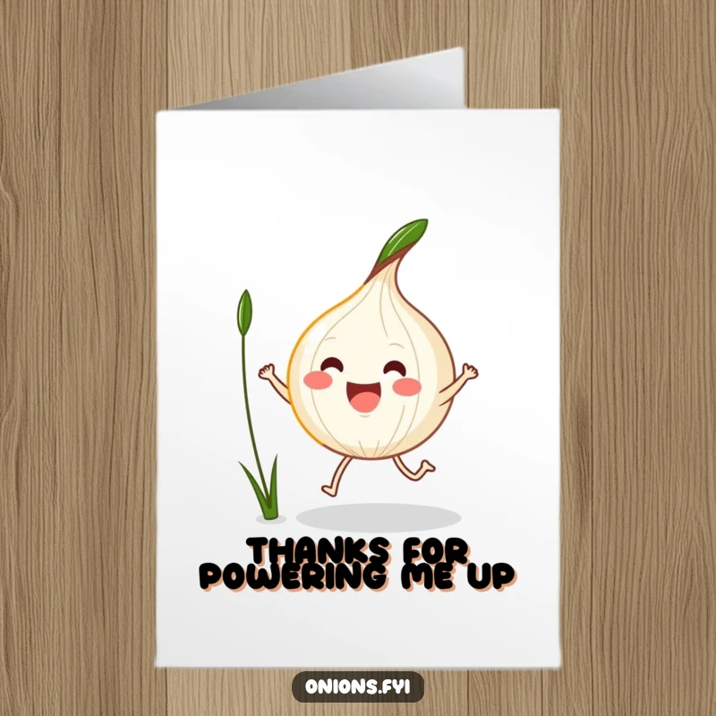 Funny Free Printable Thank You Card: A kawaii onion energetically jumping rope with a single blade of grass.