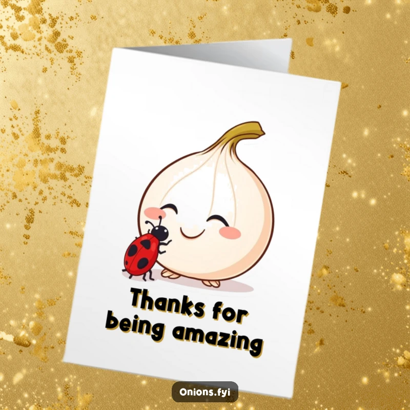 Funny Free Printable Thank You Card: A smiling onion with two little antennae studying a ladybug.