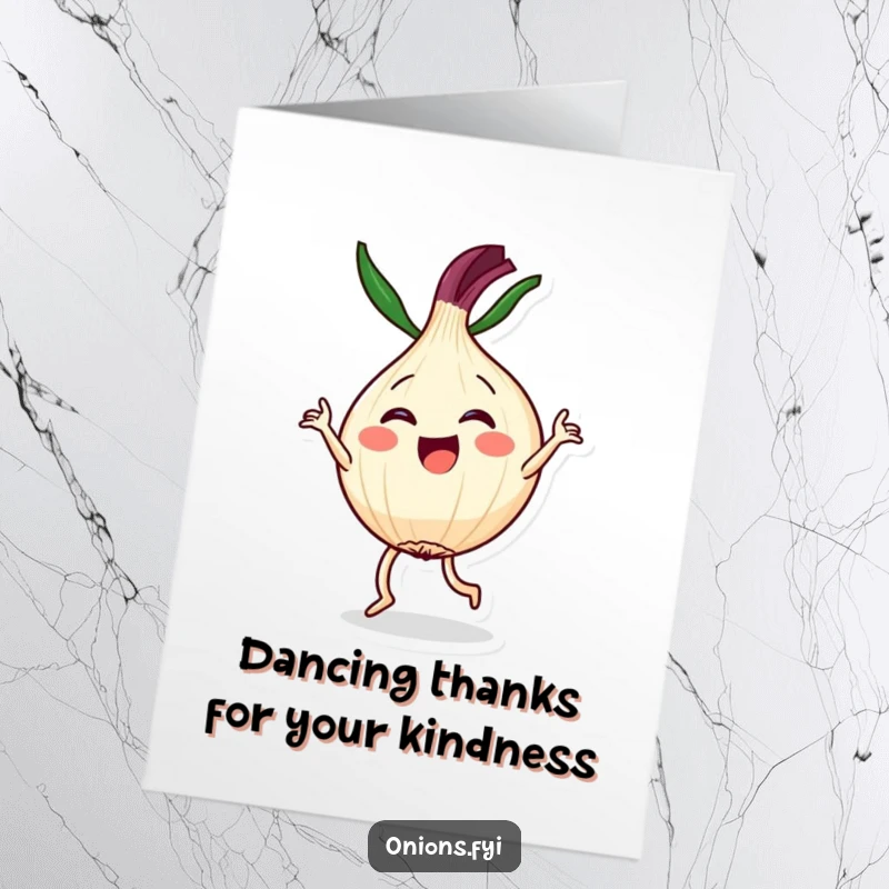 Funny Free Printable Thank You Card: Kawaii onion character performing a joyful dance routine to express heartfelt thanks.