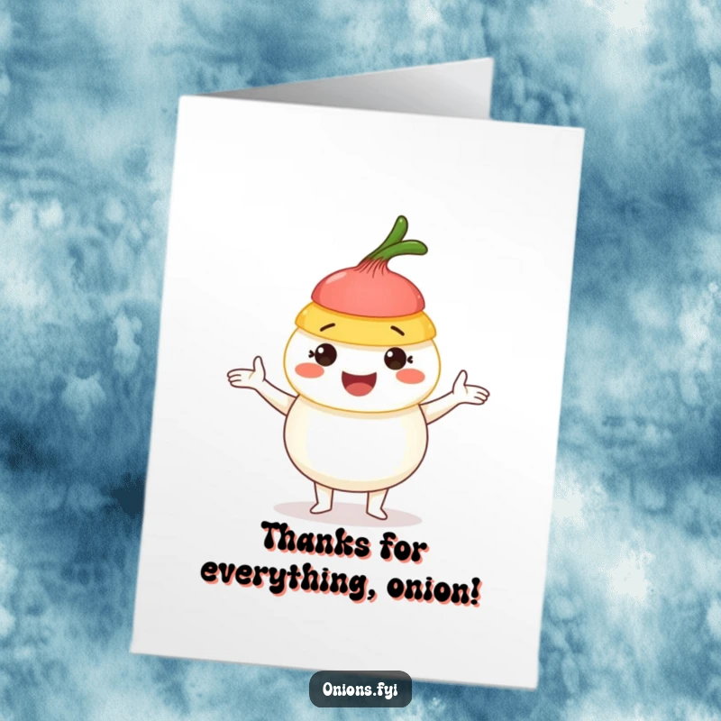 Funny Free Printable Thank You Card: A cheerful onion character humorously juggling onion layers to express thanks.