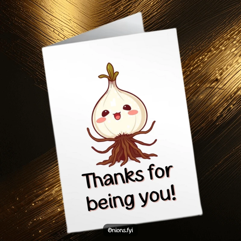Funny Free Printable Thank You Card featuring a sneaky kawaii onion crafting a caper with its roots to say thanks.