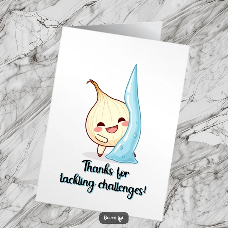 Funny free printable thank you card showing a determined onion on a mission, climbing a colossal water droplet, expressing heartfelt thanks.