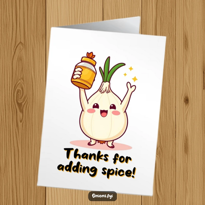 Funny free printable thank you card with a triumphant onion character holding a golden spice jar aloft, conveying thanks.