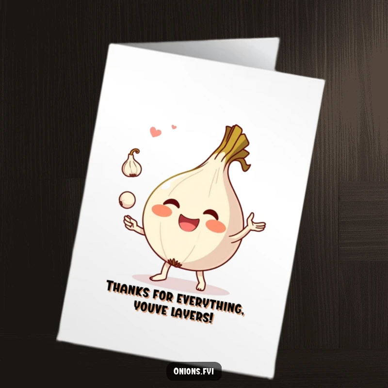 Funny Free Printable thank you card featuring a happy onion character juggling garlic pieces, a comical way to express gratitude.