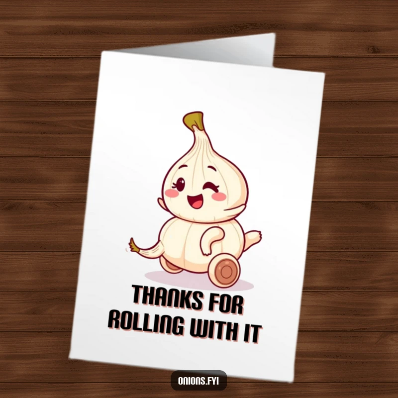 Funny Free Printable Thank You Card: Onion with a playful wink rides a rolling garlic clove; a humorous, downloadable expression of thanks.