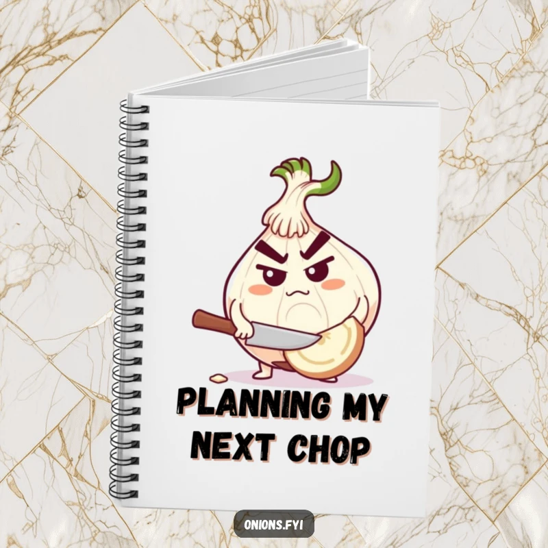 Funny determined onion character chopping a large garlic clove on a notebook cover for organized thoughts.