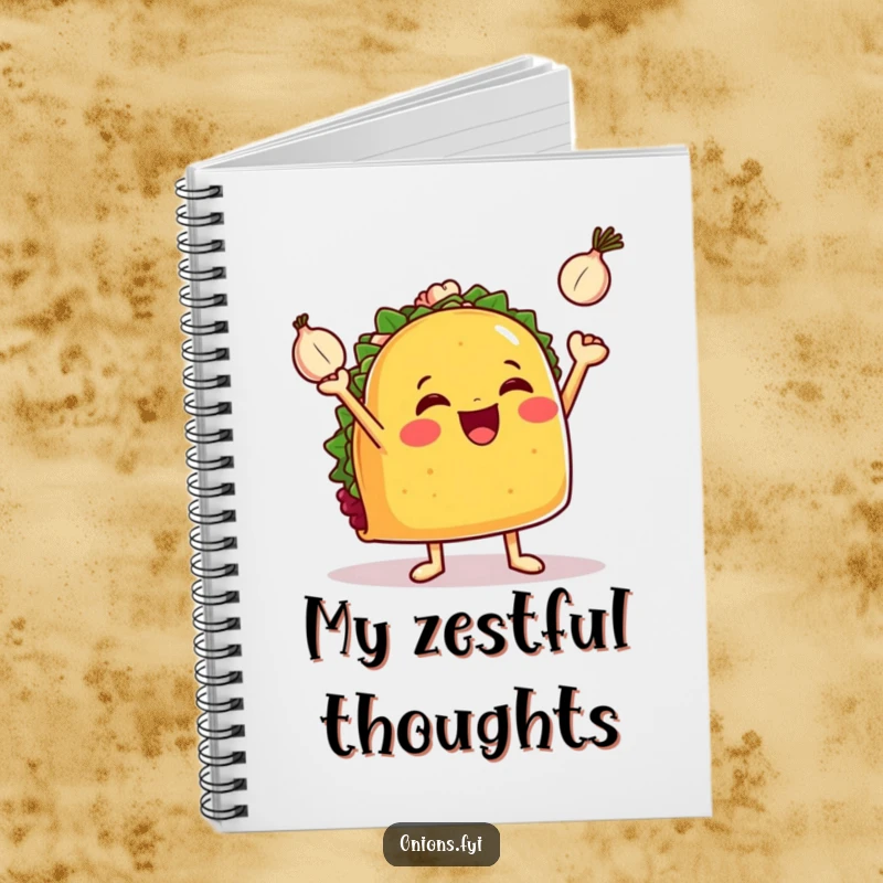 Funny taco notebook, a happy taco with little arms juggling three tiny onions, great for notes and doodles.