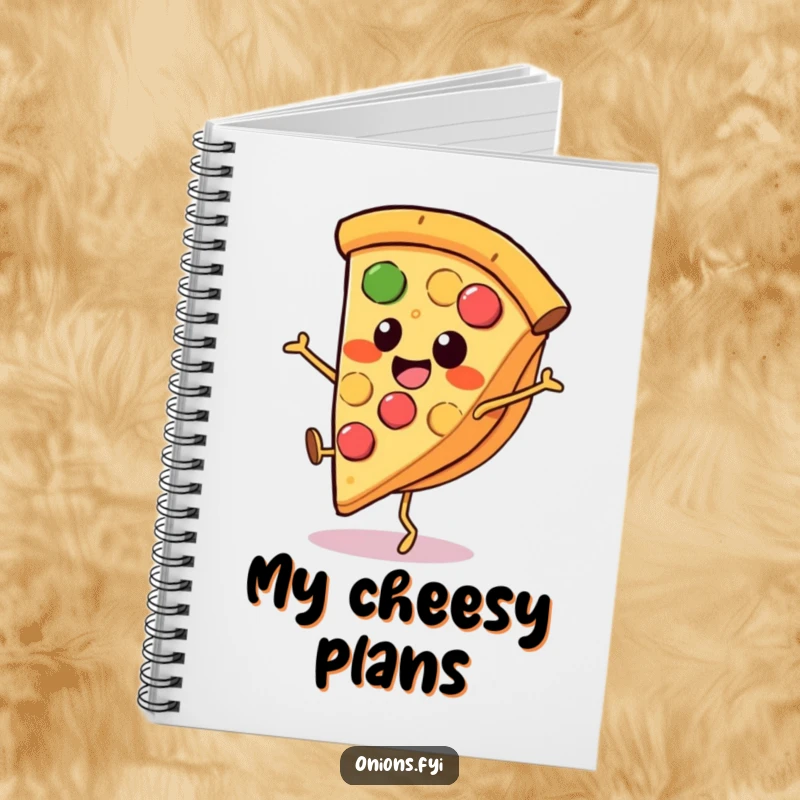 Funny pizza notebook, a happy pizza slice with little legs doing a cartwheel, great for notes and doodles.