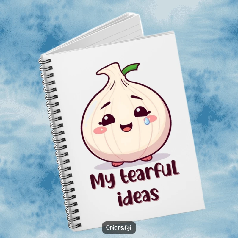 Funny notebook cover with a smiling onion character shedding a single, sparkly tear, ideal for journaling emotions.
