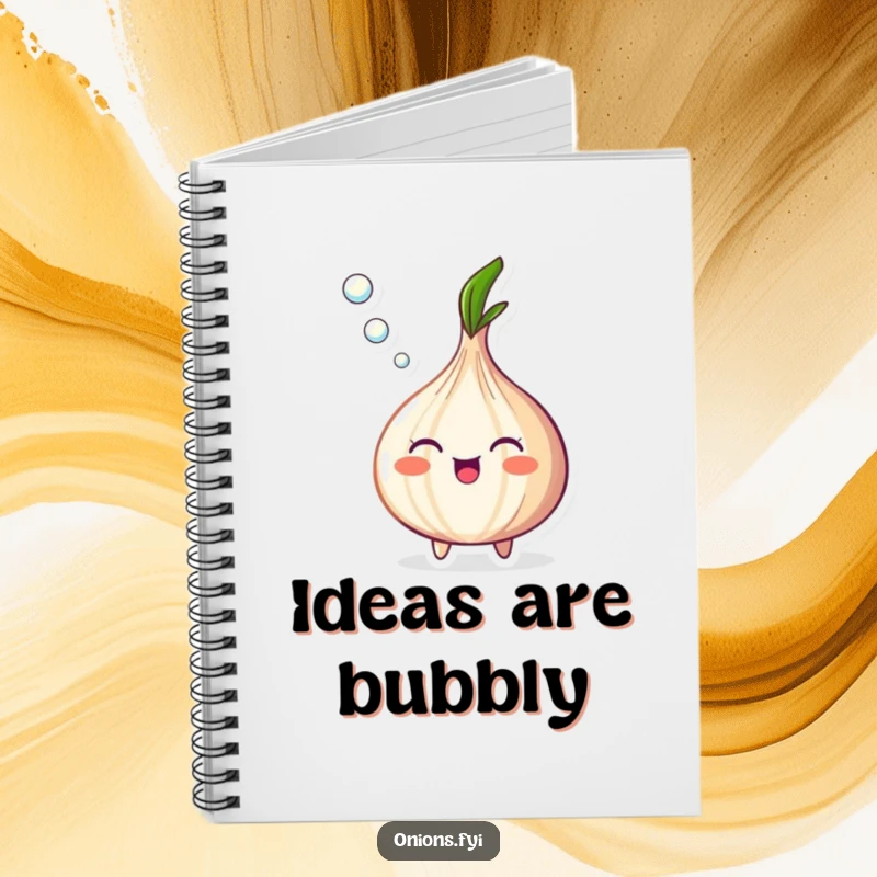 Funny Onion Notebook with a happy onion blowing a stream of tiny bubbles, perfect for note-taking.