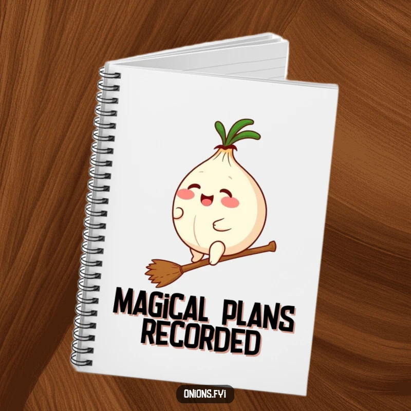Funny notebook featuring a plump kawaii onion giggling while riding a tiny broomstick, inspiring magical thoughts and humorous entries.