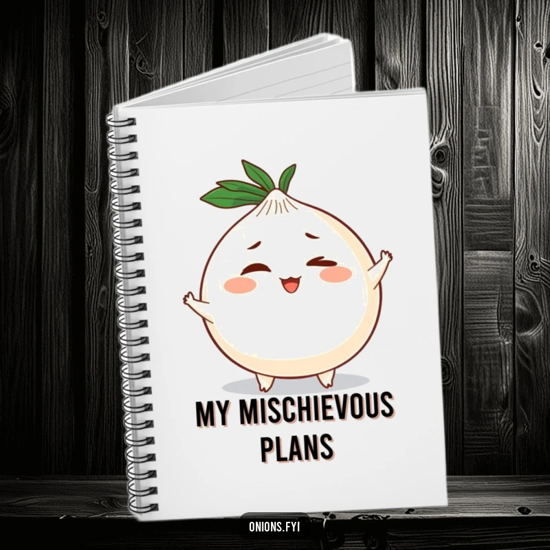 Funny notebook cover with a plump onion character, tiny limbs, and a mischievous wink, ideal for jotting down notes and plans.