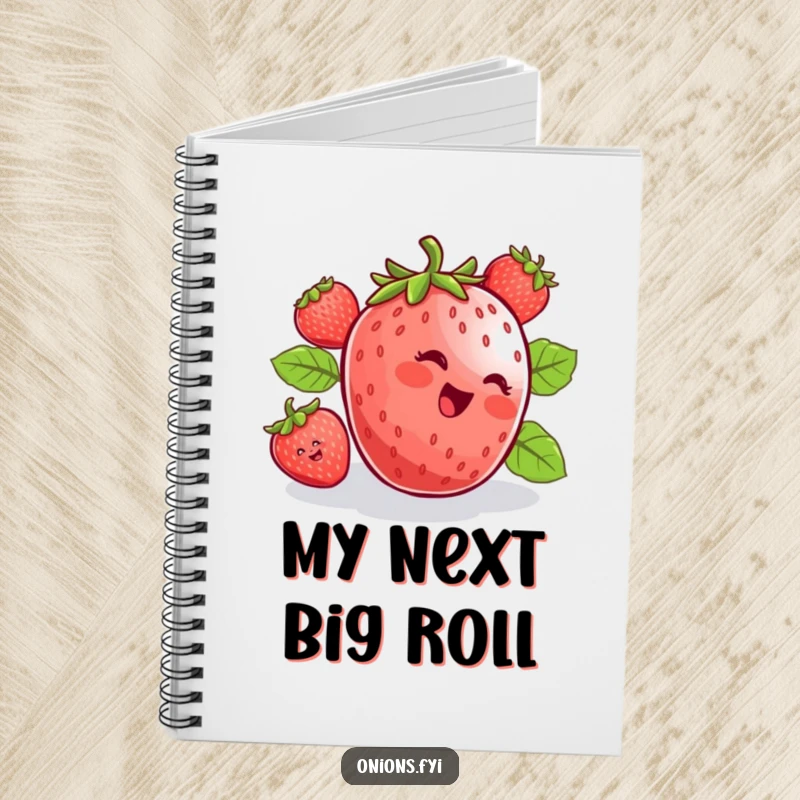 Funny notebook cover featuring a cheerful strawberry rolling downhill with pure bliss. Ideal for capturing thoughts.
