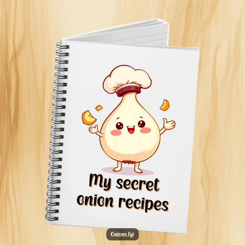 Funny chef onion character juggling slices on a notebook cover, designed for jotting down funny thoughts.