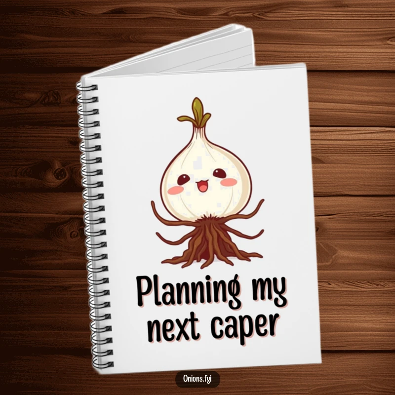 Funny kawaii onion notebook, roots in a silly caper, perfect for notes and sketches, a humorous item for students and creatives.