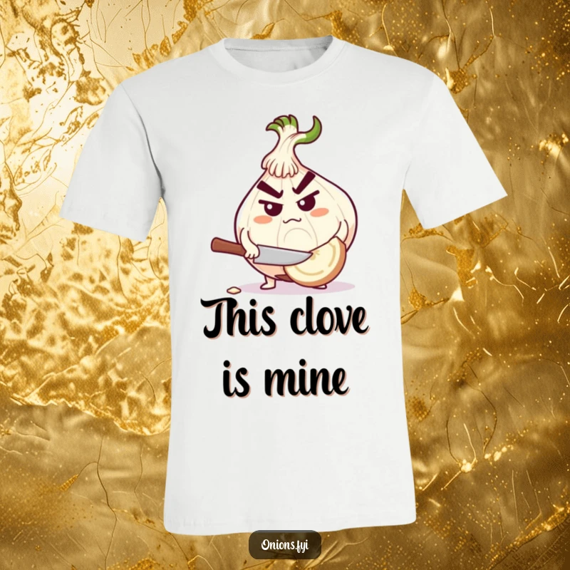 Funny onion character with a determined face, chopping a huge garlic clove, a humorous statement tee.