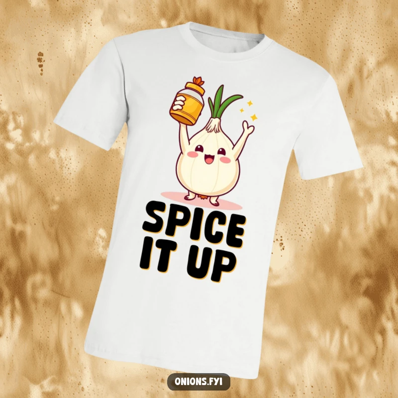 Funny t-shirt featuring a triumphant onion character holding a golden spice jar, representing culinary expertise and flavor mastery. Perfect gift.