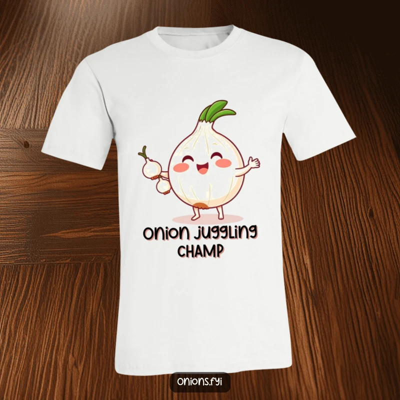 Funny t-shirt with a cute kawaii onion on tiny feet, energetically juggling three miniature onions, radiating joy and playful skill.
