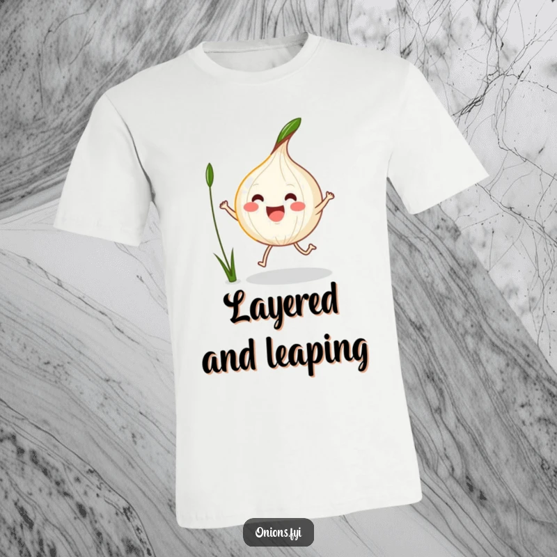 Funny Kawaii Onion T-Shirt with an excited onion energetically jump-roping using a blade of grass, vibrant design.