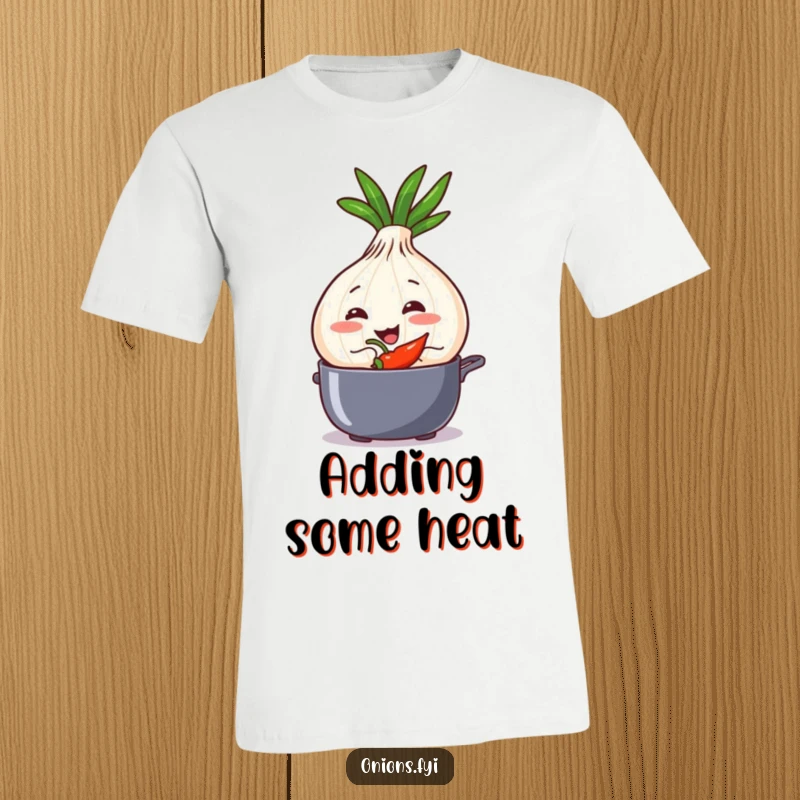 Funny onion character with a sly grin, adding a chili pepper to a pot, printed on a t-shirt.
