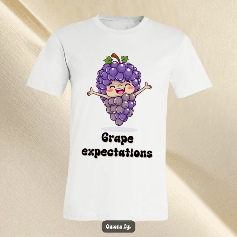 Funny grapes t-shirt, a bunch of giggling grapes playing leapfrog with their arms outstretched, fun and fruity graphic.