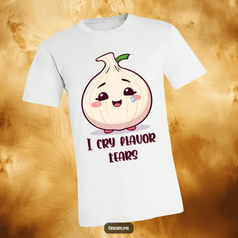 Funny t-shirt with a smiling onion character shedding a single, shimmering tear, symbolizing happy tears and gentle emotion.