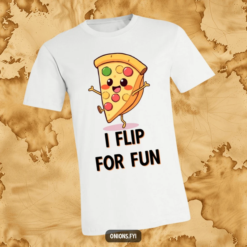 Funny pizza t-shirt, a happy pizza slice with little legs doing a cartwheel, playful and energetic food graphic.