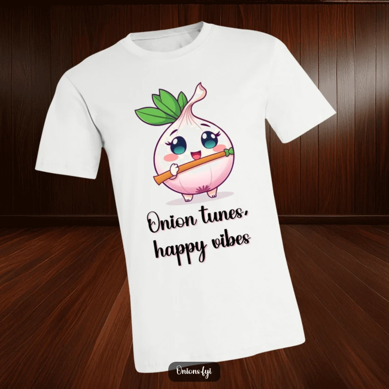 Happy onion character with wide eyes, playing a miniature leaf flute, a delightful image of musical joy.