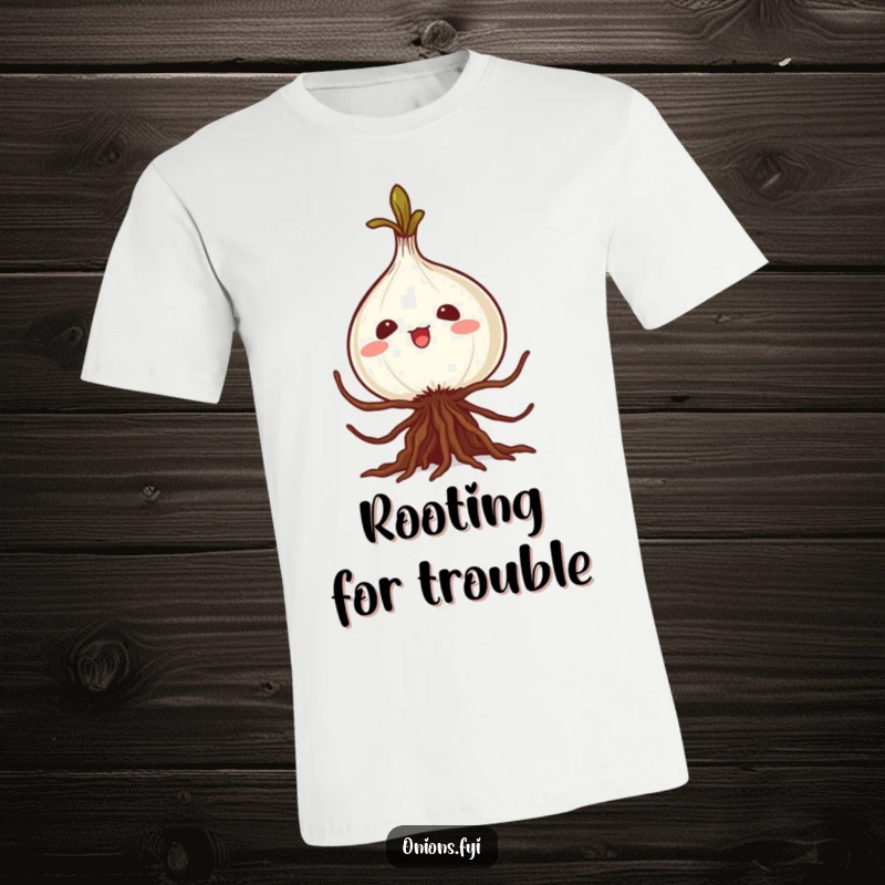 Funny kawaii onion t-shirt with roots planning a silly caper, vibrant and humorous apparel for garden enthusiasts.