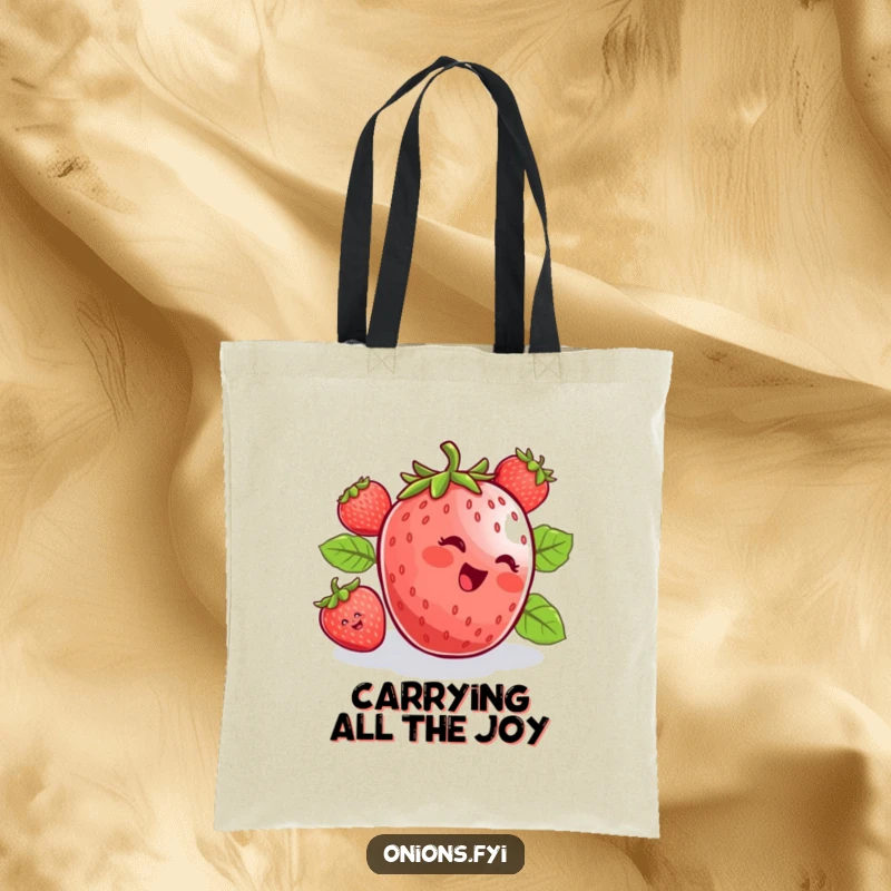 Funny tote bag with a cheerful strawberry rolling downhill, radiating pure joy and spontaneous fun. An everyday essential.
