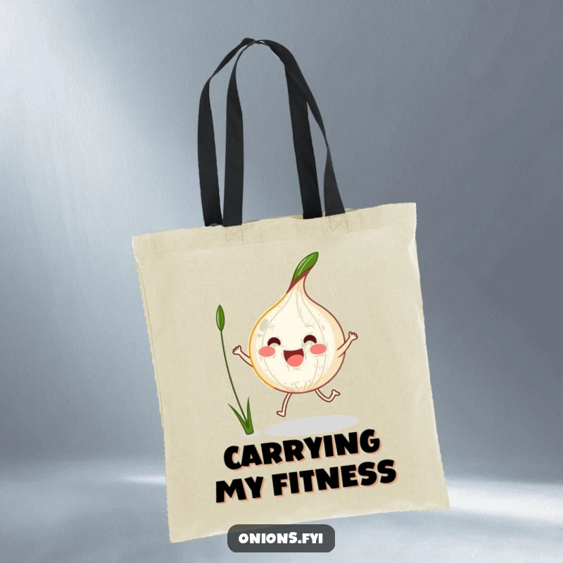 Funny Kawaii Onion Tote Bag showing an excited onion jump-roping with a blade of grass, great for carrying things.