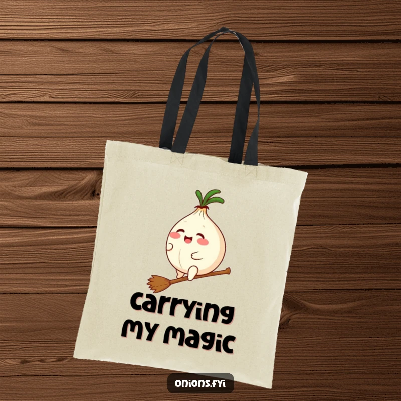 Funny tote bag depicting a plump kawaii onion giggling happily while riding a tiny broomstick, ready for magical adventures.