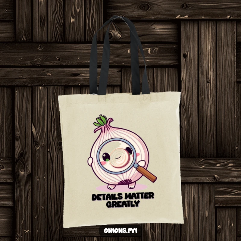 Funny tote bag showcasing an onion character using a magnifying glass to examine a very small onion slice, highlighting detail.