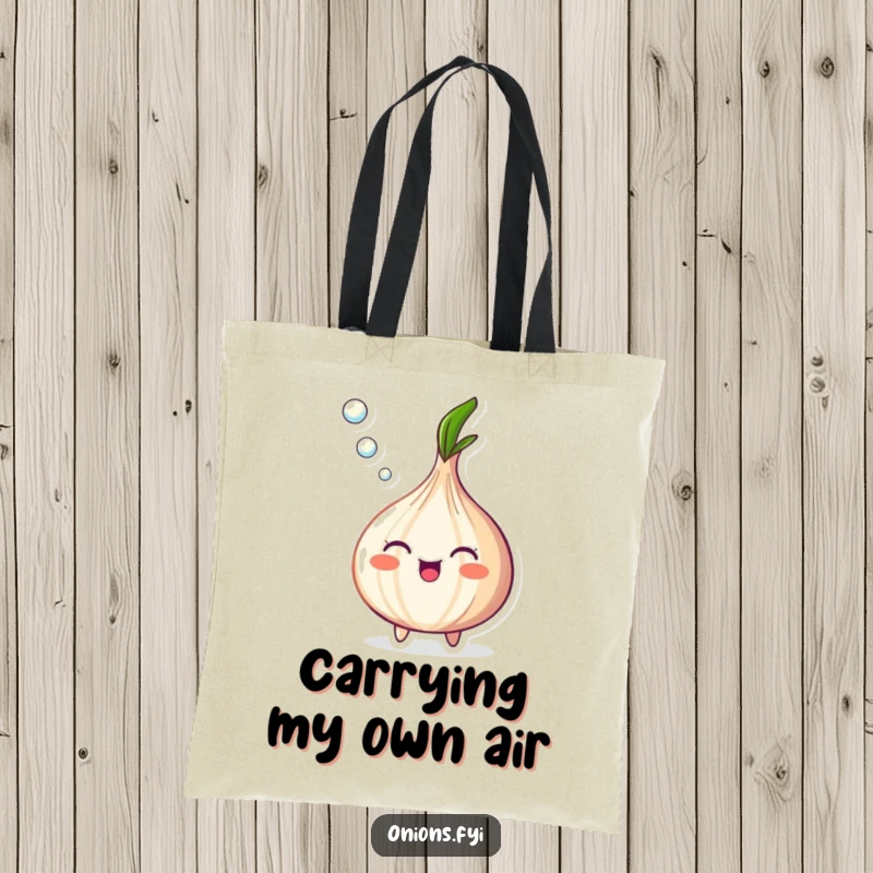 Funny Onion Tote Bag featuring a happy onion blowing a delightful stream of tiny bubbles, perfect for shopping.