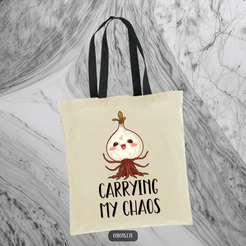 Funny kawaii onion tote bag, roots in a silly caper, stylish and humorous for everyday use and gifting.