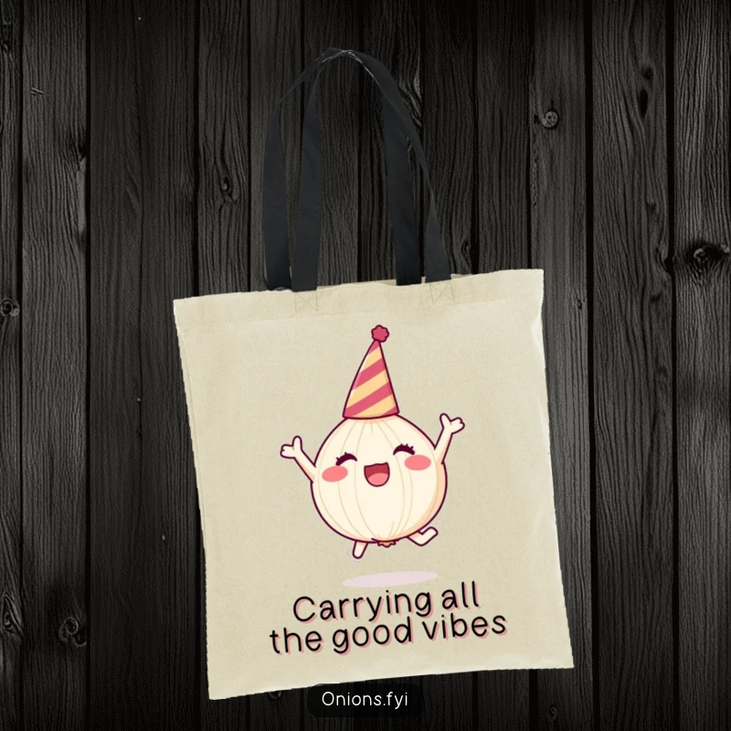 Funny onion character in party hat, leaping joyfully, tote bag, cheerful and funny gift.