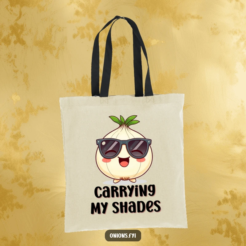 Funny Onion Tote Bag: Giggling onion character wearing oversized comical sunglasses, a cool and funny accessory.