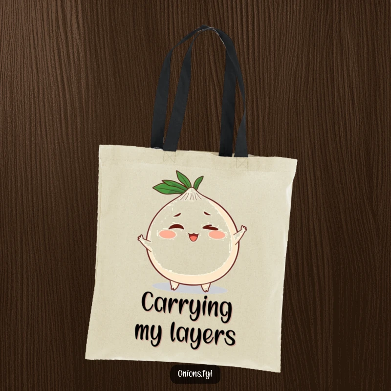 Funny tote bag designed with a plump onion character, tiny arms and legs, giving a mischievous wink, great for everyday use.