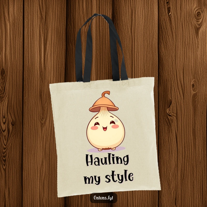 Funny Onion Tote Bag with a cheerful onion balancing a tiny hat on its head, perfect for errands.
